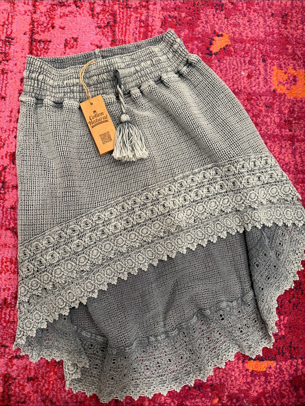 Women’s Gray Crochet High-Low Skirt with Tassel Waist